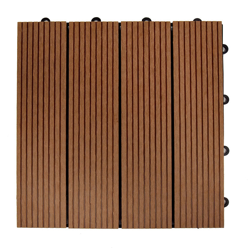 Baldosa de composite FAURA color madera 30x30 cm con superficie estriada antideslizante.