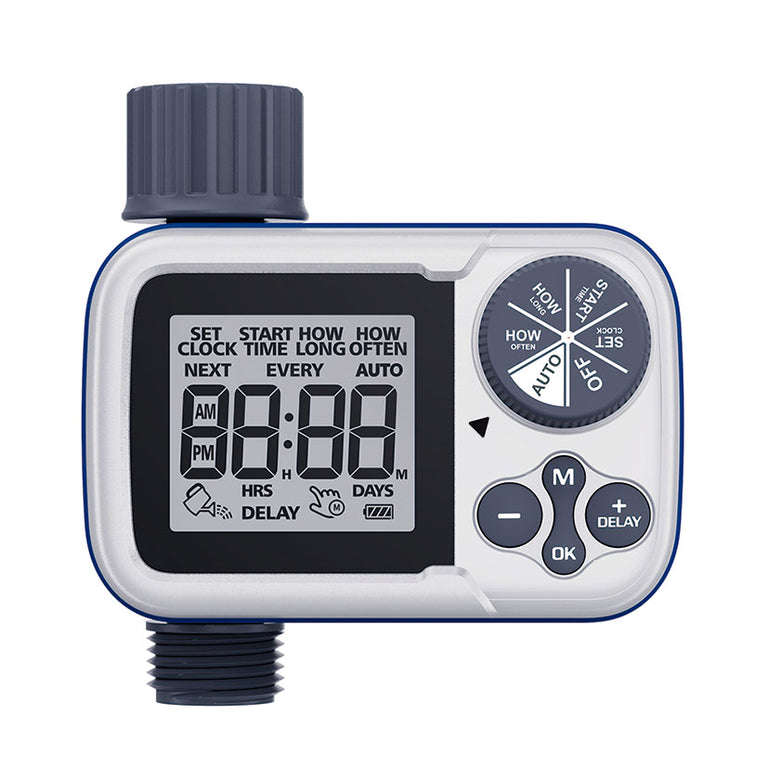 Programador de riego digital Altadex PRZERO con pantalla LCD grande y dial de selección de funciones frontal.