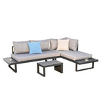 Vista frontal del set de terraza Stelton modular con estructura de aluminio y cojines de asiento gruesos