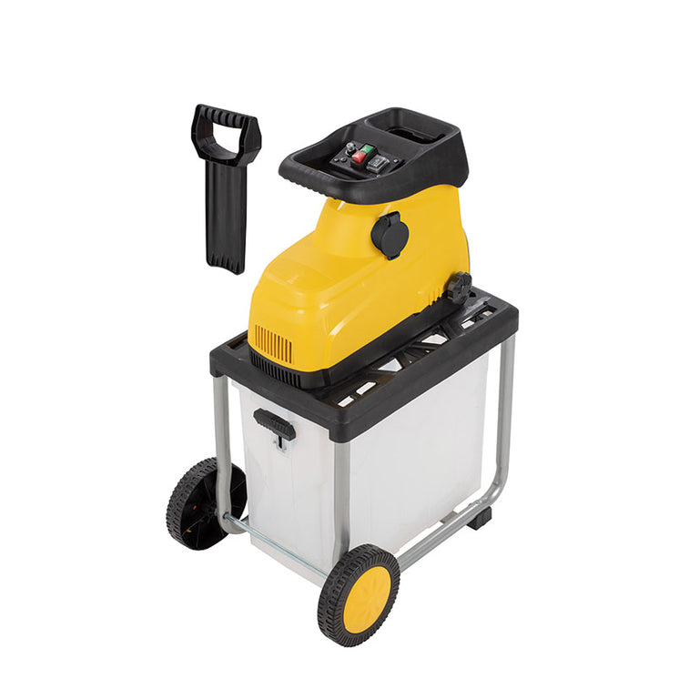 Triturador eléctrico Powerplus 2800W amarillo con depósito de recogida transparente y ruedas para jardín