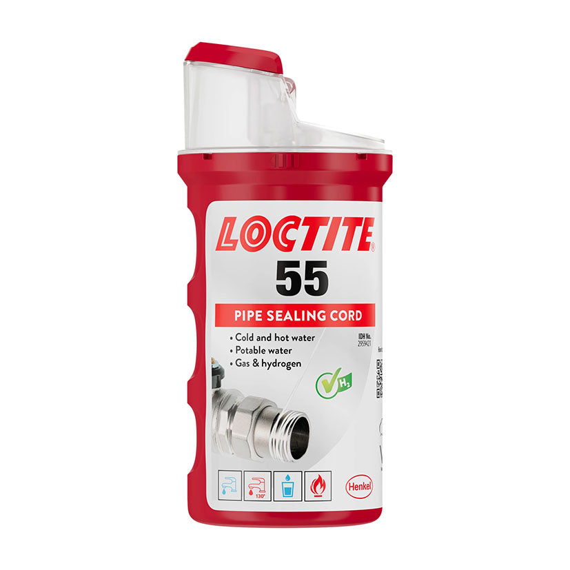 Envase rojo de Hilo Sellador de Roscas Loctite 55 de 160 metros para tuberías de agua potable y gas.