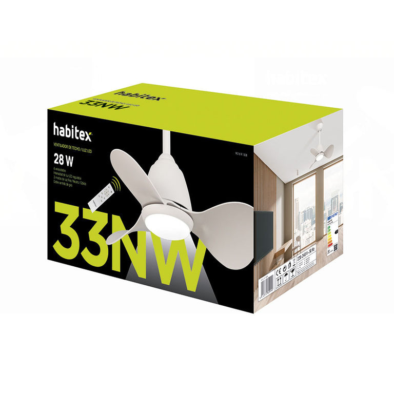 Caja de embalaje ventilador Habitex 33NW blanco con especificaciones técnicas