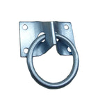 Anilla de acero cincado con soporte de cuatro orificios para anclaje de hamacas y cargas.