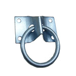 Anilla de acero cincado con soporte de cuatro orificios para anclaje de hamacas y cargas.