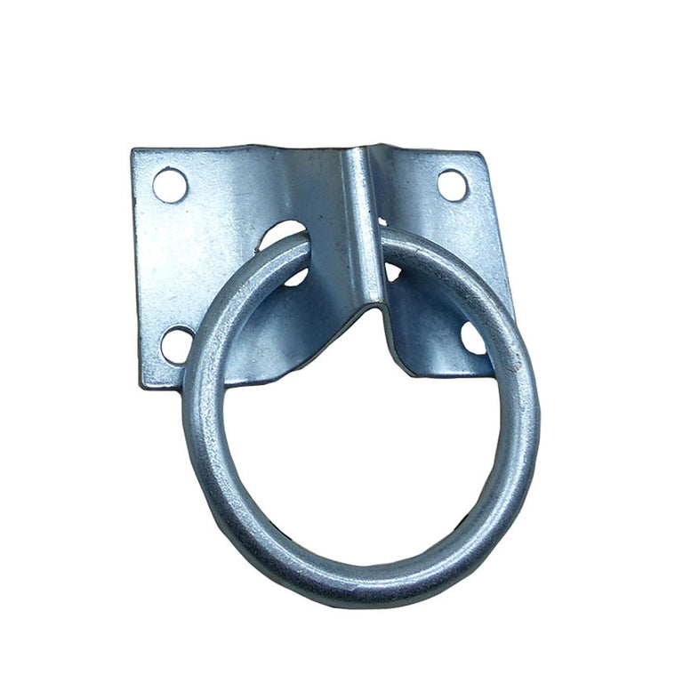 Anilla de acero cincado con soporte de cuatro orificios para anclaje de hamacas y cargas.