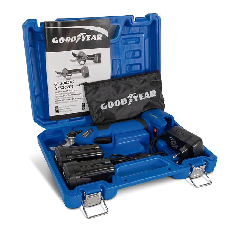 Kit completo Goodyear GY2802PS en maletín azul con dos baterías, cargador y herramientas de mantenimiento