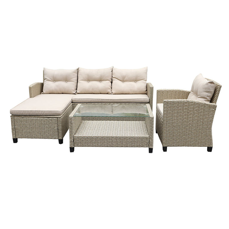 Conjunto de muebles de jardín Mora en ratán sintético beige con sofá, sillón, mesa de centro y reposapiés.