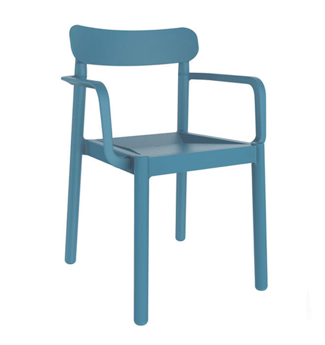 Silla con brazos RESOL ELBA en color azul retro para uso interior y exterior.