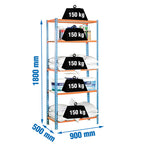Infografía de dimensiones 1800x900x500 mm y capacidad de carga de 150kg por estante.