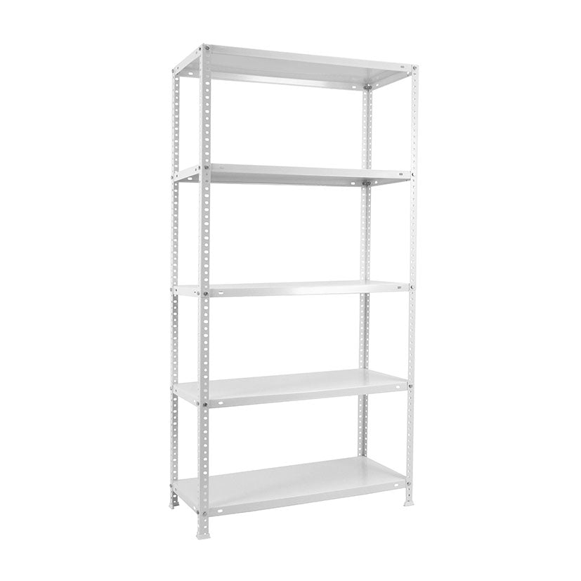 Estantería metálica blanca Simon Rack Comfort Plus de 5 niveles para almacenamiento doméstico y profesional.