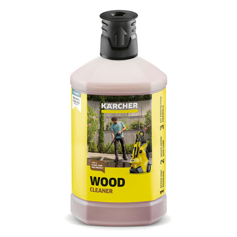 Botella de detergente Kärcher Wood Cleaner 3 en 1 para limpieza y protección UV de madera con hidrolimpiadora
