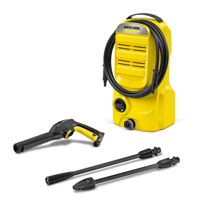 Hidrolimpiadora Karcher K2 Classic amarilla con manguera enrollada, pistola y dos lanzas de pulverización