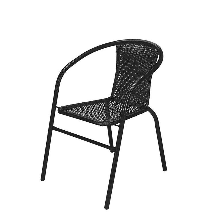 Silla de jardín básica serie Rodas con estructura de acero negra y asiento de ratán sintético trenzado.