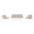 Conjunto de muebles de jardín Oslo blanco con sofá de 3 plazas, dos butacas y dos mesas de centro circulares.