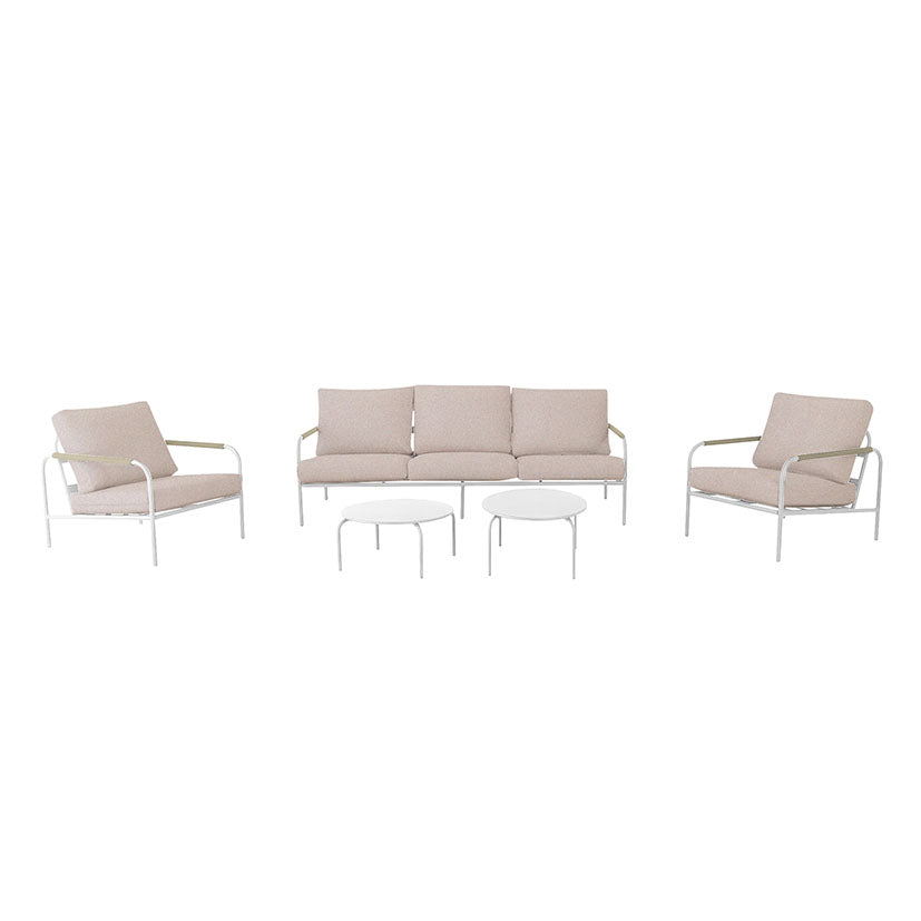 Conjunto de muebles de jardín Oslo blanco con sofá de 3 plazas, dos butacas y dos mesas de centro circulares.