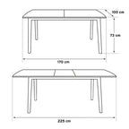 Esquema técnico con medidas de la mesa Atlantic extensible 170 a 225 cm