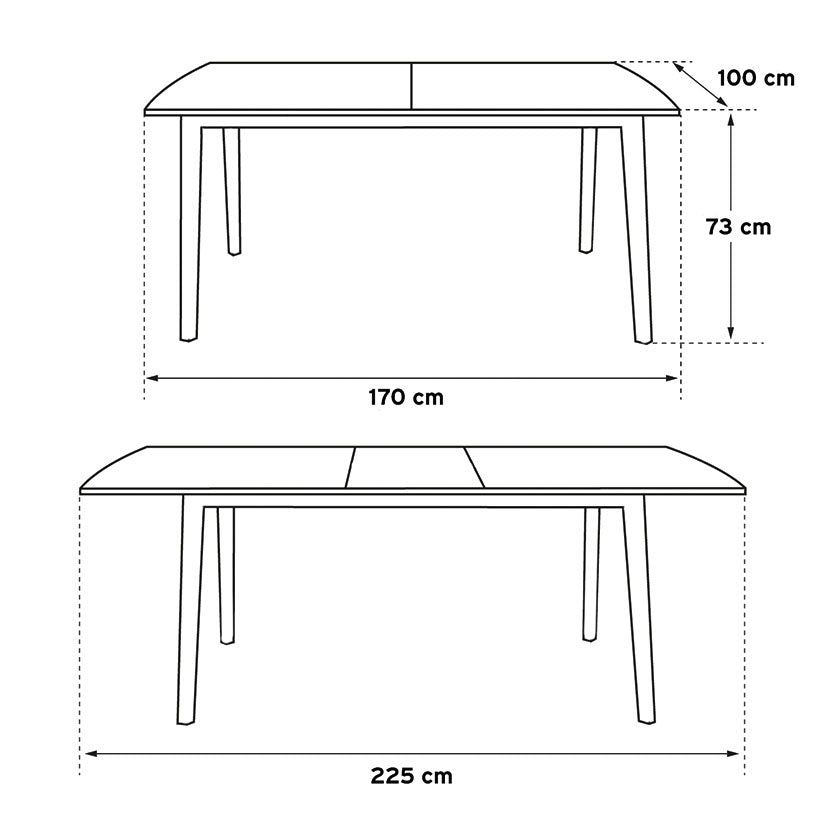 Esquema técnico con medidas de la mesa Atlantic extensible 170 a 225 cm