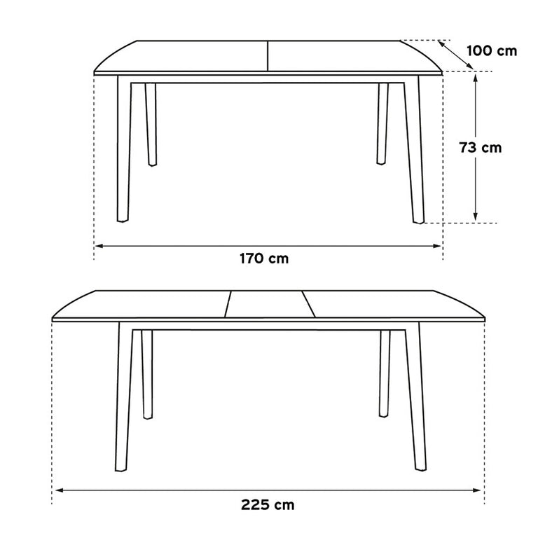 Esquema técnico con medidas de la mesa Atlantic extensible 170 a 225 cm
