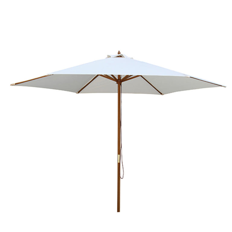 Parasol de madera de 3 metros con tela color crudo y mástil de 38mm sobre fondo blanco.