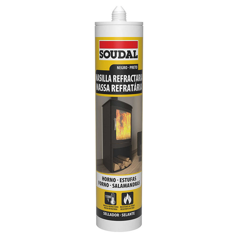 Cartucho de masilla refractaria Soudal color negro para sellado de estufas y hornos, resistente a 1500 grados.