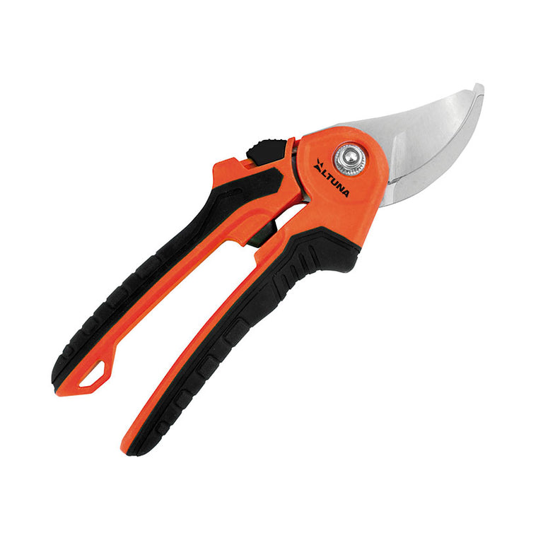 Tijera de poda de una mano Altuna con mangos ergonómicos bimateriales naranja y negro para jardín