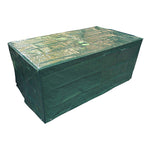 Funda protectora verde ALTADEX cubriendo conjunto de mesa y sillas rectangular en terraza