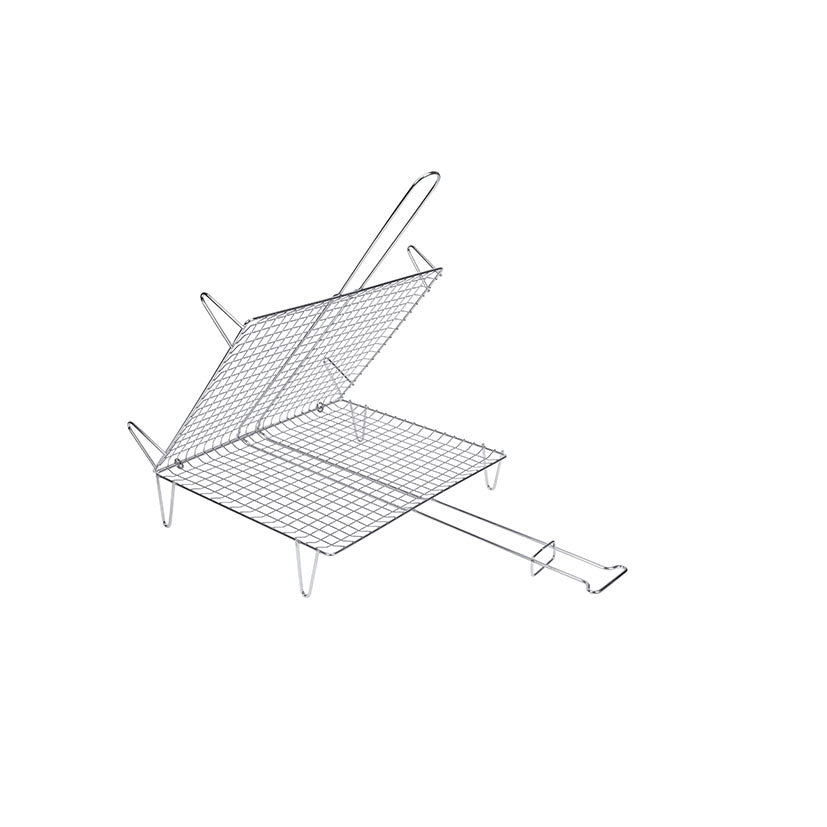 Parrilla doble abierta Sauvic de 40x45 cm mostrando el sistema de cierre para alimentos voluminosos.