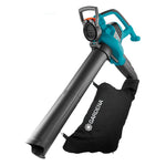 Aspirador soplador GARDENA ErgoJet 2500 en modo aspiración con bolsa recolectora de 45 litros negra.