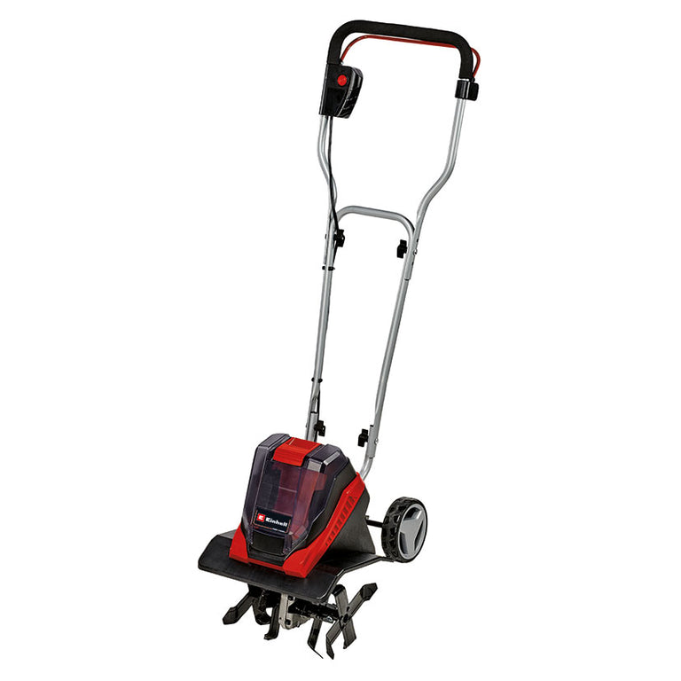 Aradora inalámbrica Einhell 36V con manillar plegable ergonómico y sistema de seguridad de doble interruptor.