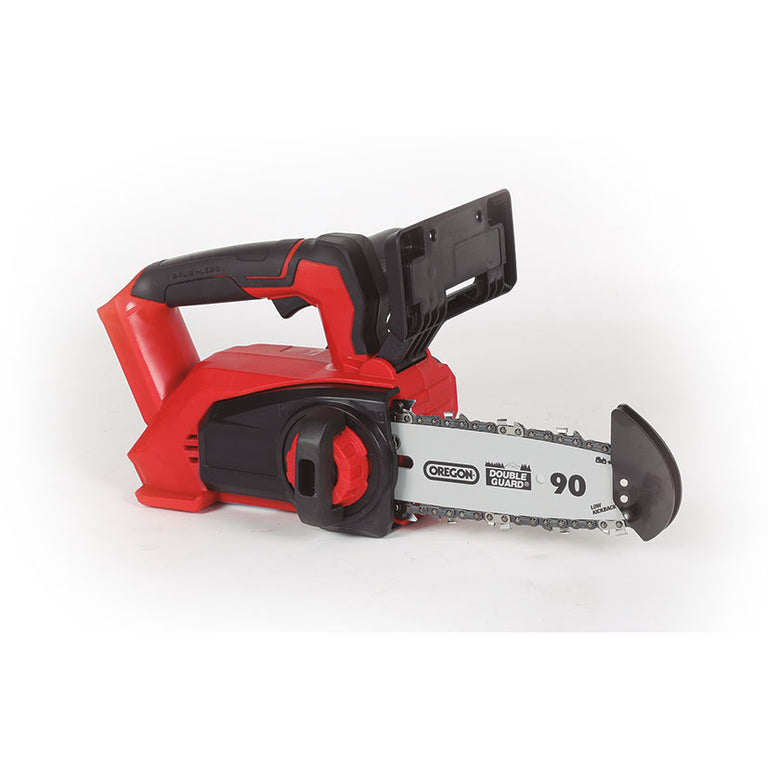 Vista lateral de la motosierra inalámbrica Einhell Fortexxa roja con empuñadura ergonómica y protector de seguridad.