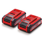 Vista en perspectiva de dos baterías recargables Einhell PXC Plus de 18 voltios y 4 amperios.
