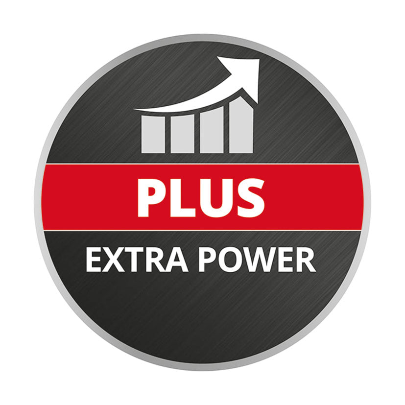 Logotipo Einhell Plus Extra Power indicando alto rendimiento y potencia para herramientas.