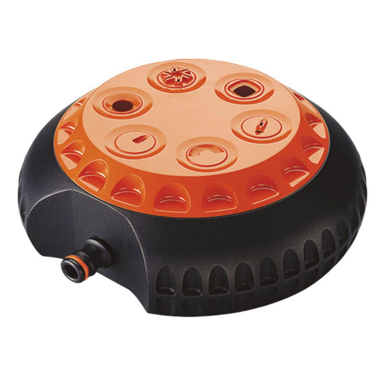 Aspersor estático Claber multifunción color naranja y negro con selector de 6 tipos de riego para jardín.