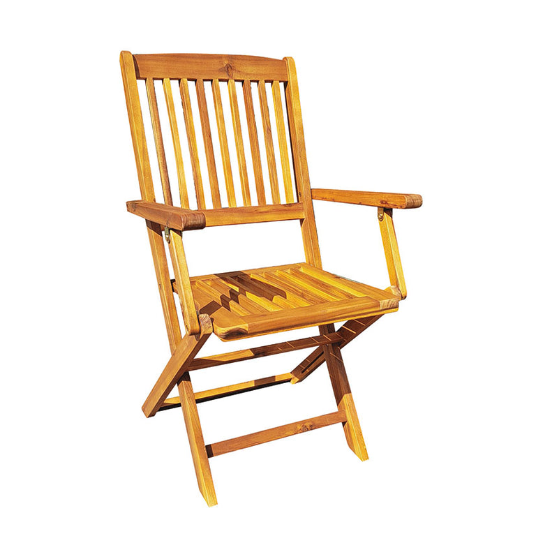 Silla de jardín plegable con reposabrazos en madera de acacia natural