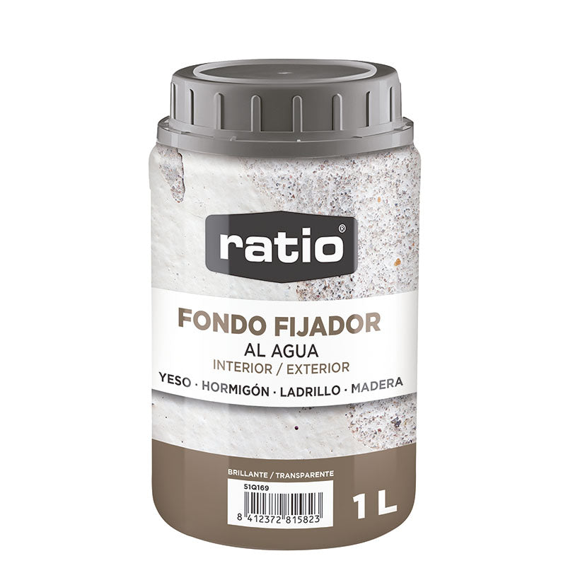 Bote de 1 litro de fondo fijador al agua RATIO incoloro para consolidar superficies de yeso, hormigón y madera