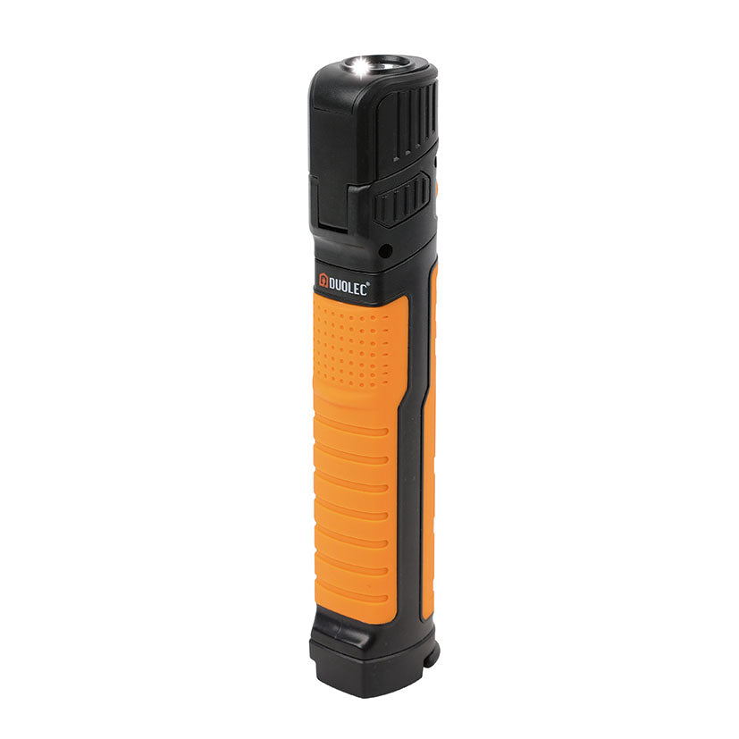 Linterna LED DUOLEC R023 naranja y negra con cabezal frontal encendido y cuerpo de ABS resistente