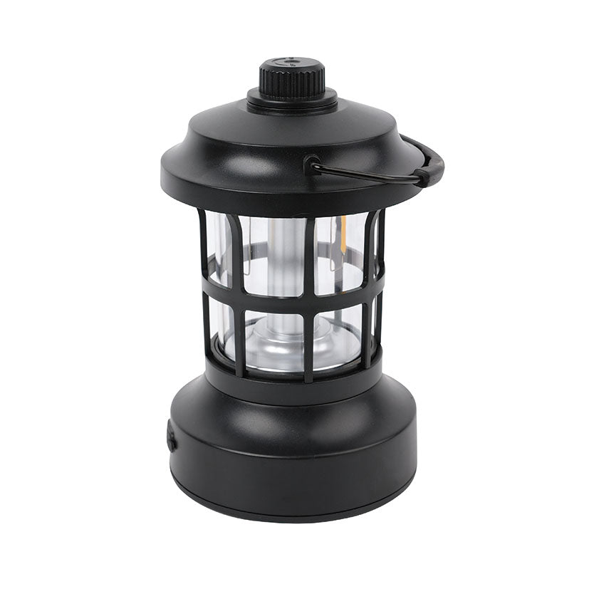 Linterna LED vintage DUOLEC R026 negra con asa superior y rejilla protectora