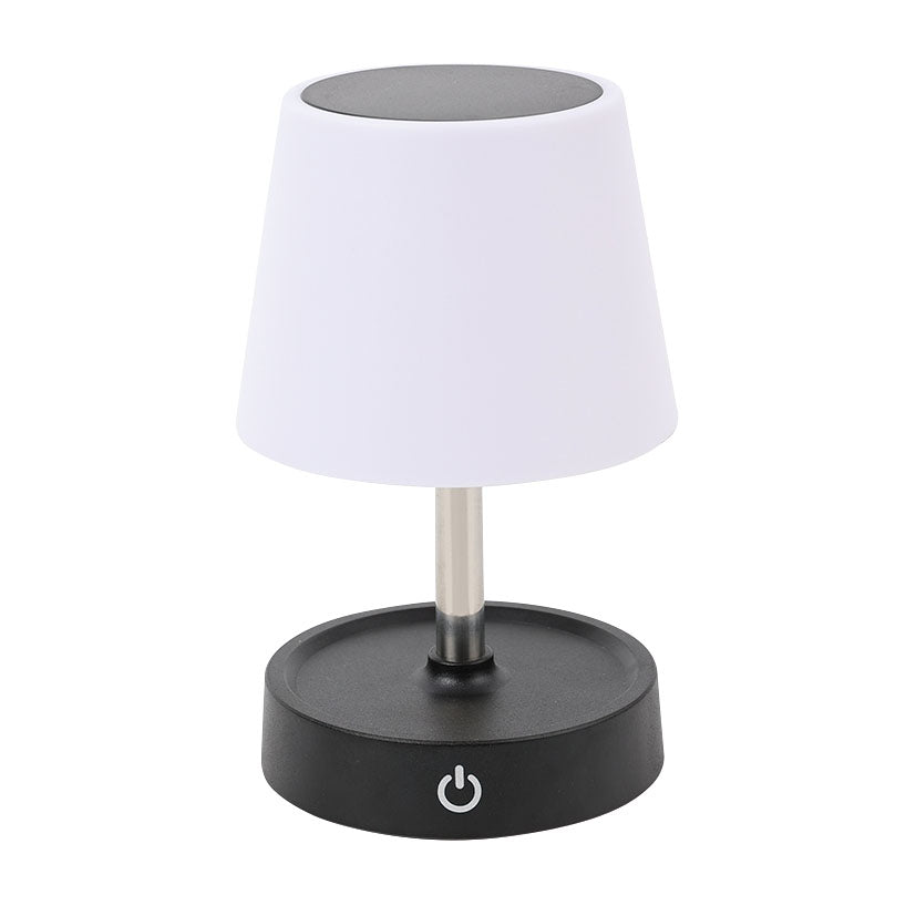 Lámpara de sobremesa LED DUOLEC R028 blanca y negra con botón de encendido táctil.