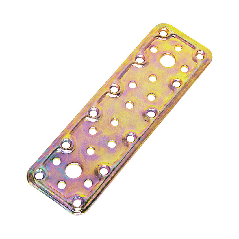 Placa de unión plana perforada de acero para madera y pérgolas con acabado bicromatado.