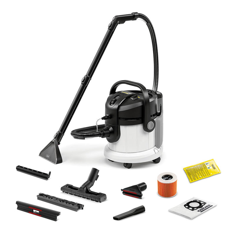 Lava-aspiradora Karcher SE 4 blanca y negra con kit completo de boquillas, manguera y filtro