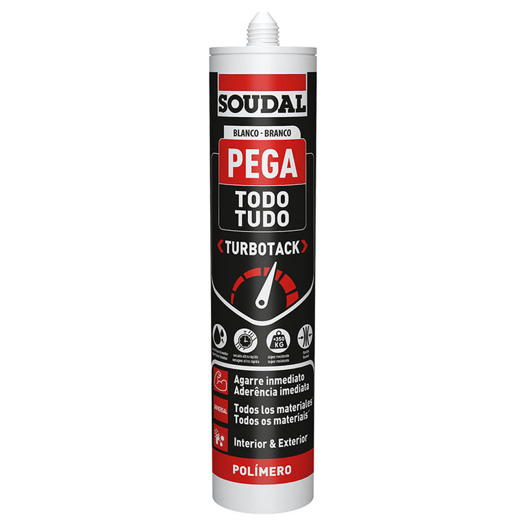 Cartucho de adhesivo Soudal Pega Todo Turbotack blanco de 290ml con tecnología de polímero SMX.