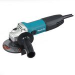 Mini amoladora Makita GA4530R de 115mm y 720W con empuñadura lateral negra sobre fondo blanco.