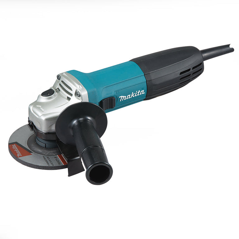 Mini amoladora Makita GA4530R de 115mm y 720W con empuñadura lateral negra sobre fondo blanco.