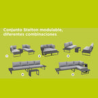 Infografía que muestra las 5 configuraciones posibles del conjunto modular Stelton para jardín