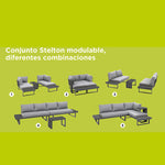 Infografía que muestra las 5 configuraciones posibles del conjunto modular Stelton para jardín