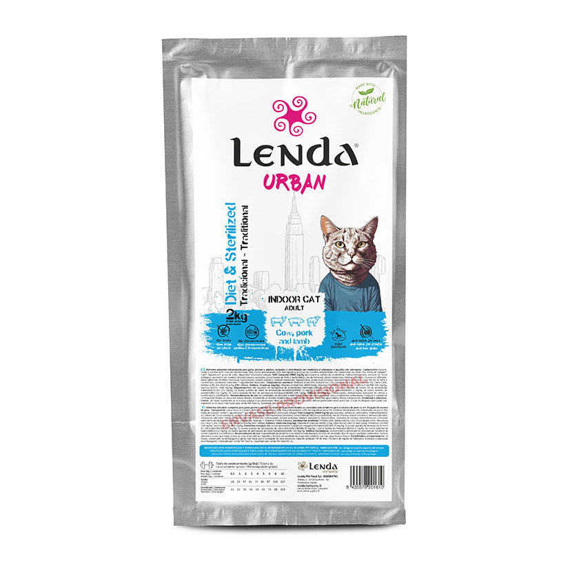 Saco de 2kg de pienso LENDA Urban Diet & Sterilized para gatos adultos de interior con carne de vaca, cerdo y cordero
