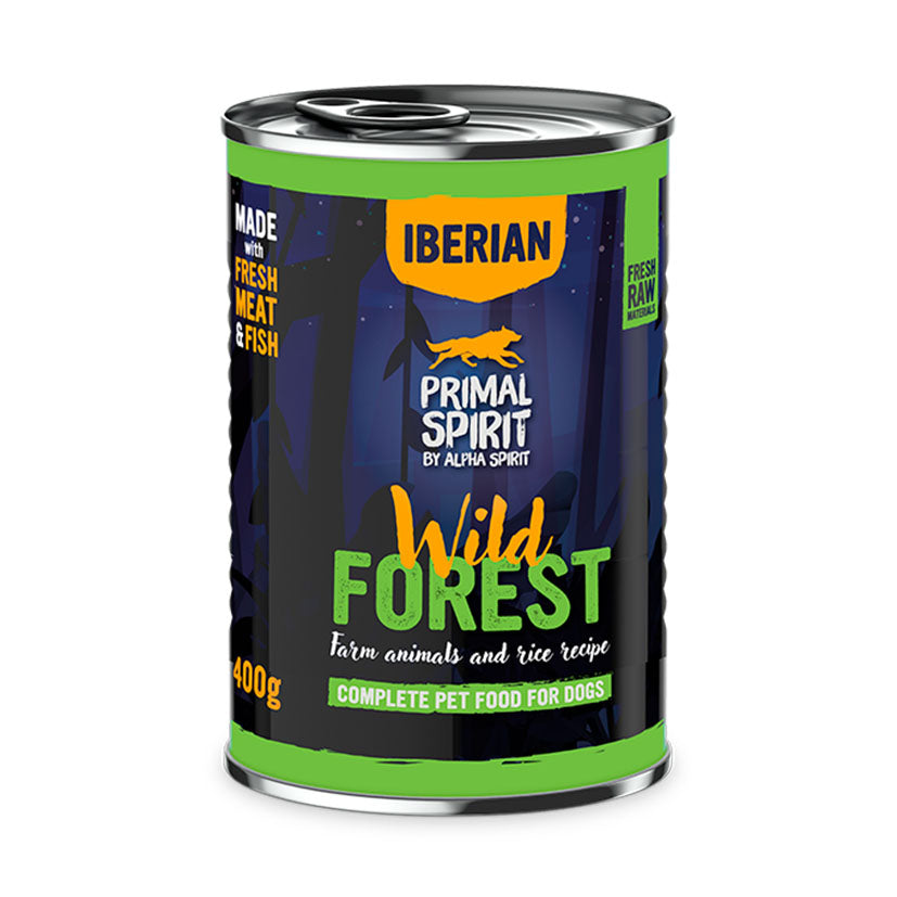 Lata de comida húmeda Primal Spirit Wild Forest 400g con carne de granja y arroz para perros.