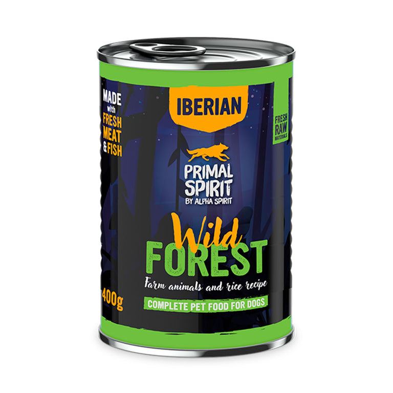 Lata de comida húmeda Primal Spirit Wild Forest 400g con carne de granja y arroz para perros.