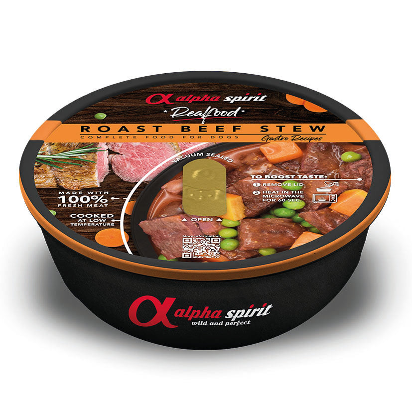 Envase Alpha Spirit Real Food Roast Beef Stew estofado de ternera para perros