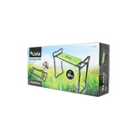 Caja del producto Banco para jardín LISTA mostrando dimensiones de 49x59,5x28 cm